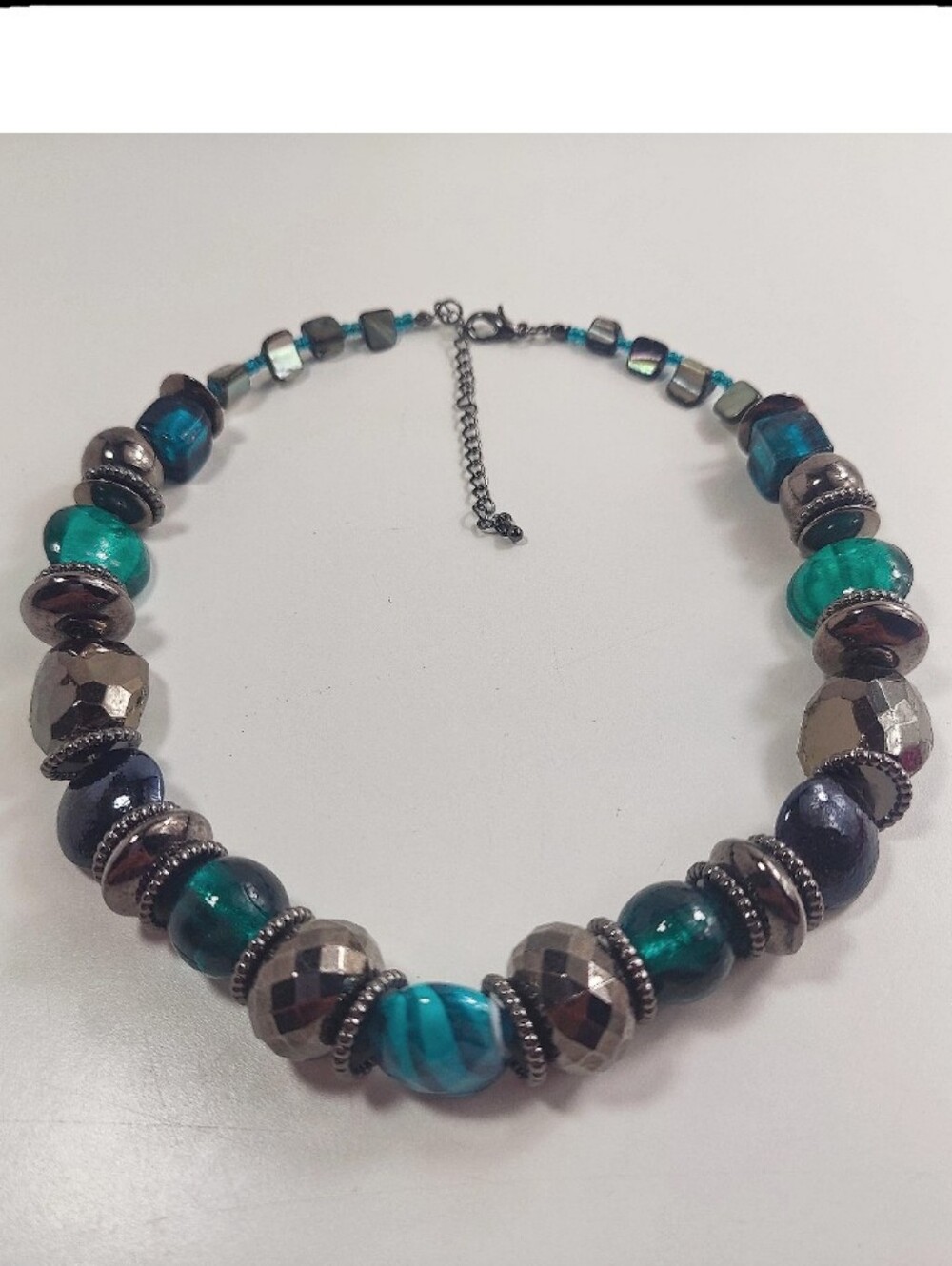 Chunky Blue Teal Glass Bead Necklace Gunmetal Abalone Accent Statement 18-21"